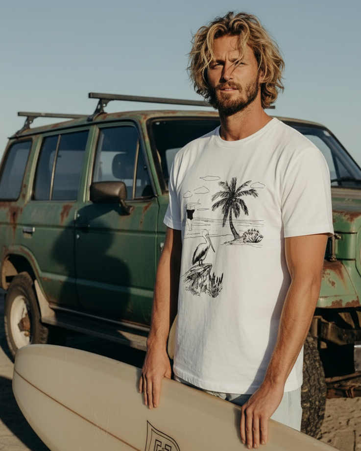 Man holding a surfboard standing next to a vintage green Jeep on a beach.