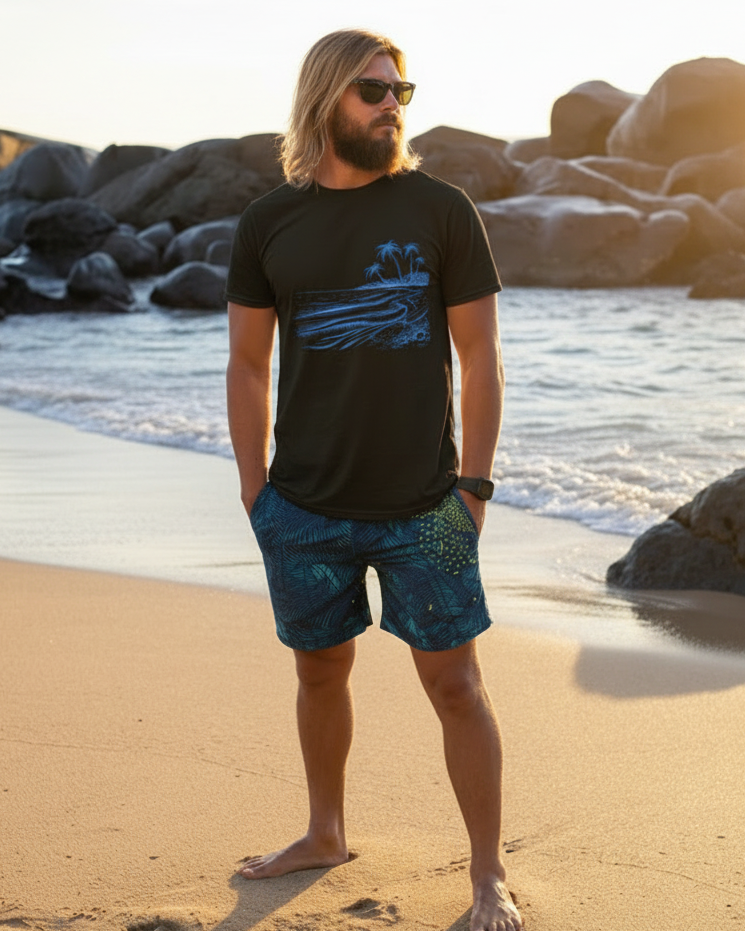 Man standing on a beach with sunglasses and a black t-shirt with a blue graphic, surrounded by rocks and water.