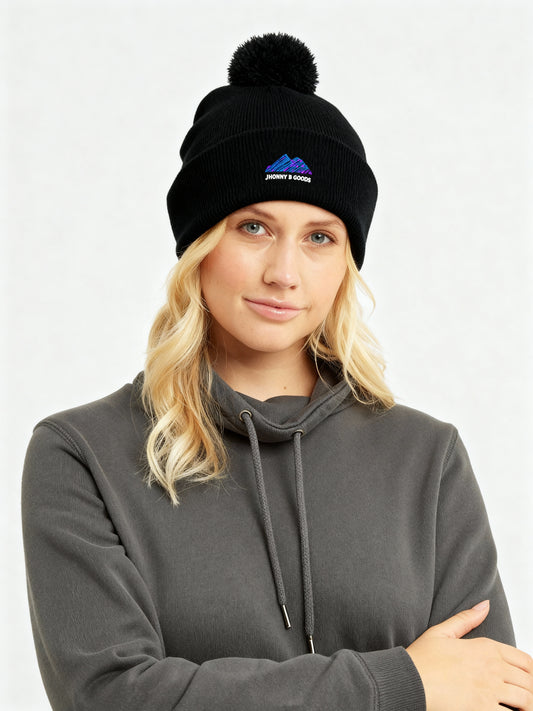 Jhonny B Goods Snowy Mountains Embroidered Pom-Pom Beanie | Classic Winter Streetwear Hat