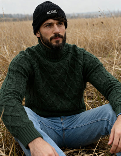 The Boss Embroidered Fisherman Beanie – ribbed knit acrylic hat with embroidered logo, short cuffed streetwear style