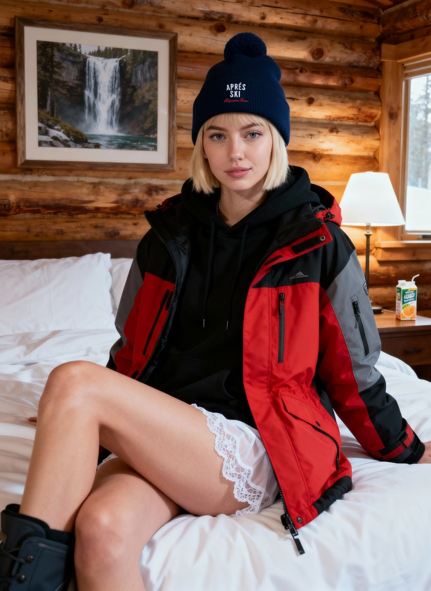 Person wearing a red and black jacket sitting on a bed in a wooden cabin.