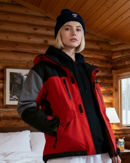 Person wearing a red and black jacket in a wooden cabin bedroom.