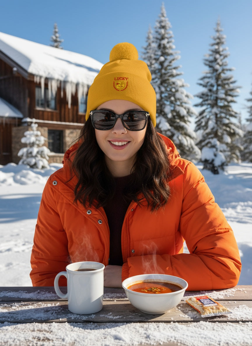 Lucky Duck Embroidered Pom-Pom Beanie | Cozy Winter Knit Hat