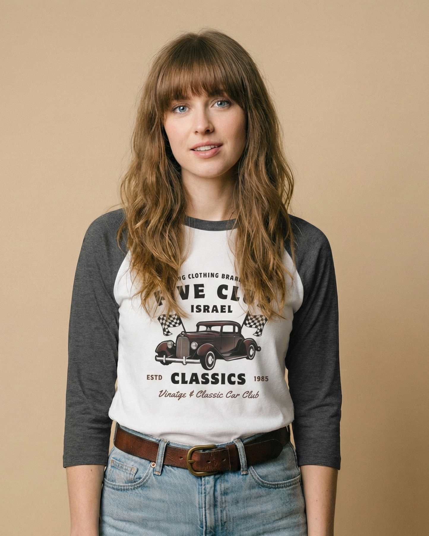 The Five Club Classic Motor Club Women’s 3/4 Sleeve Raglan Shirt | Vintage Moto Baseball Tee