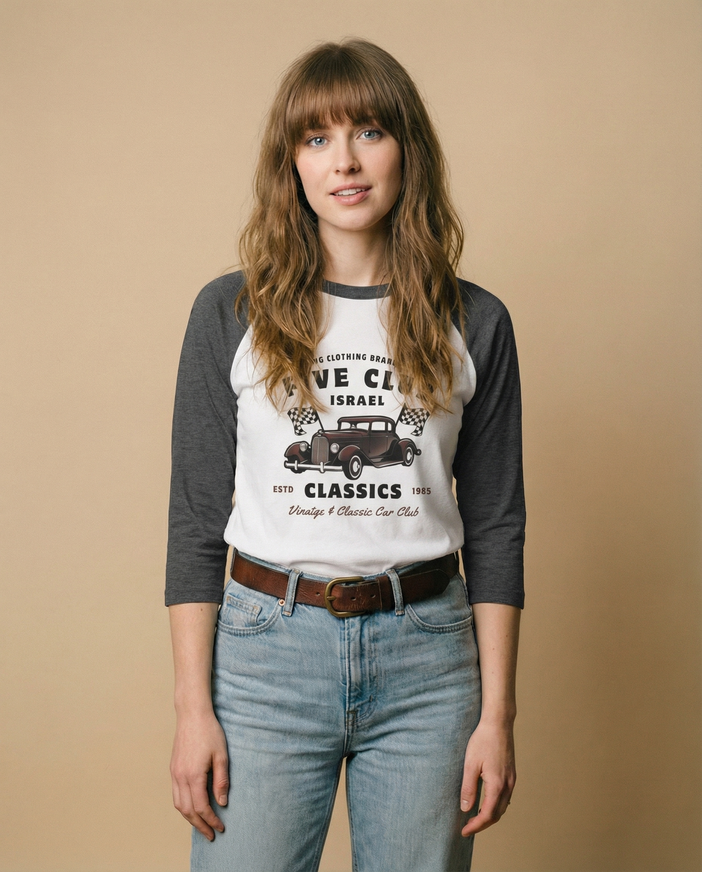 The Five Club Classic Motor Club Women’s 3/4 Sleeve Raglan Shirt | Vintage Moto Baseball Tee