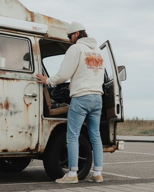 Person opening the door of a vintage van in a parking lot.