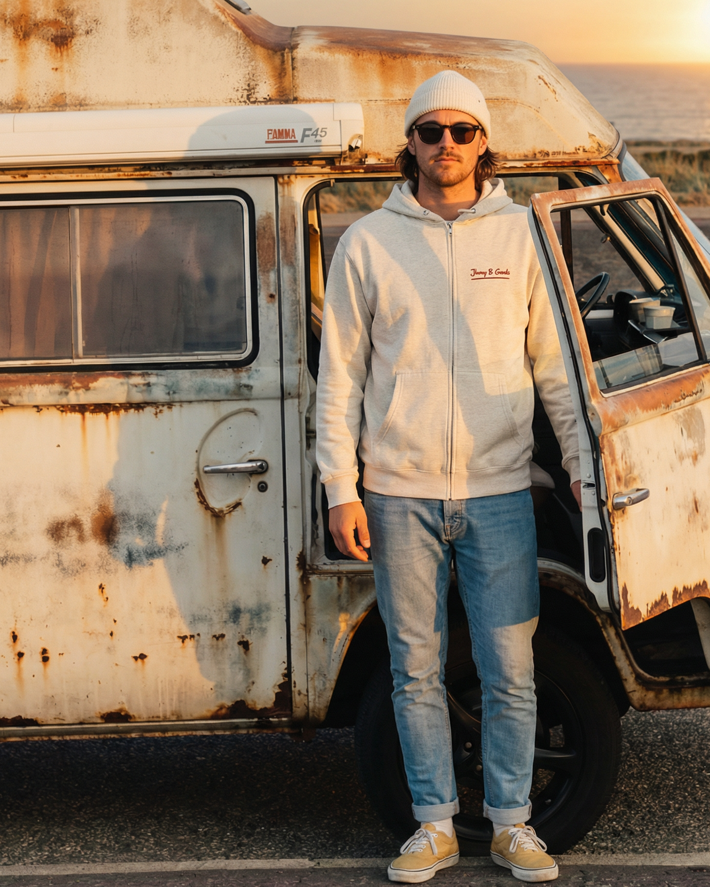 Person standing next to a vintage van by the sea at sunset