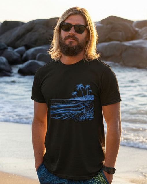 Man standing on a beach wearing a black t-shirt with a graphic design and blue shorts.