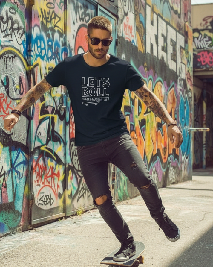 Man skateboarding in front of a graffiti-covered wall