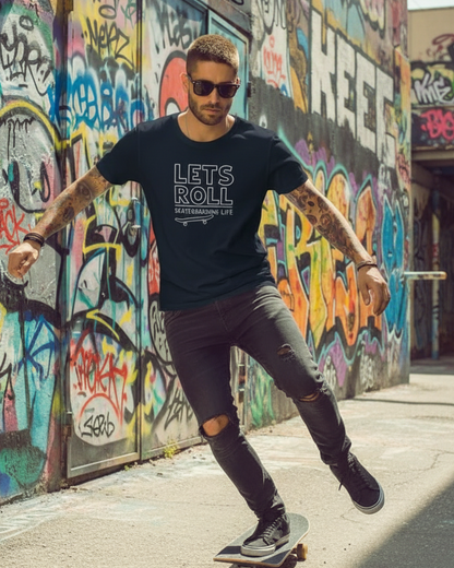 Man skateboarding in front of a graffiti-covered wall