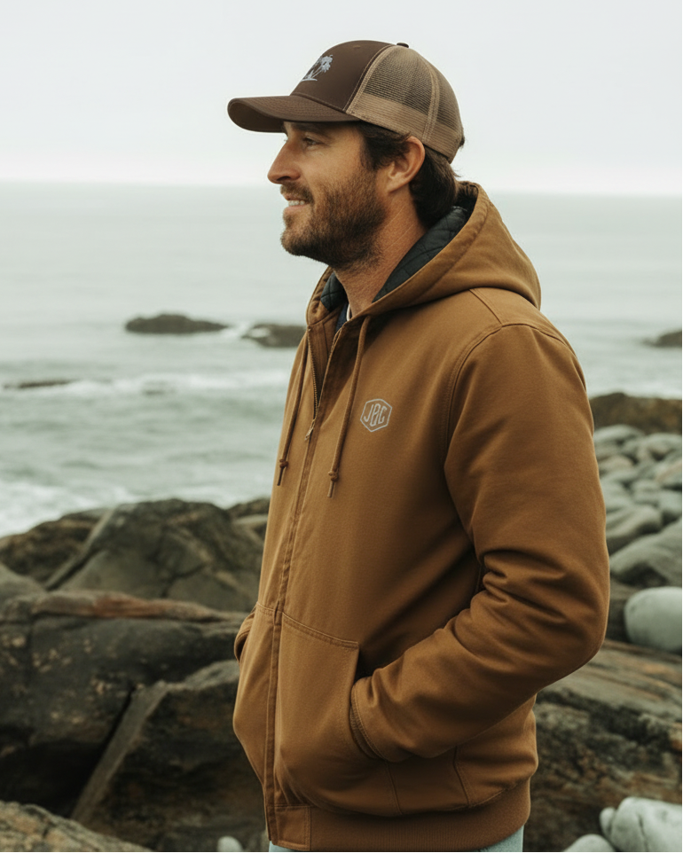Man wearing a brown jacket and cap standing on a rocky coastline.