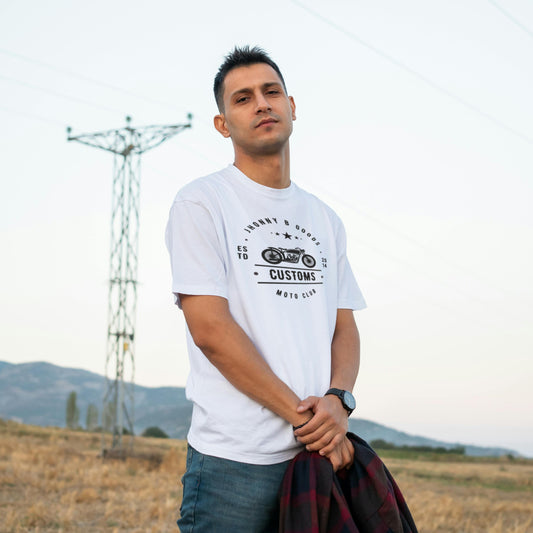 young man wearing white vintage motorcycle  t-shirt