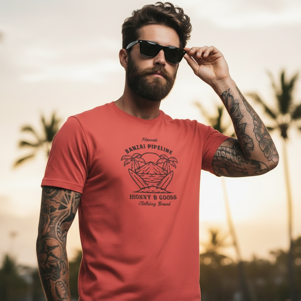 Man wearing a red t-shirt with a graphic design, standing outdoors with palm trees in the background.