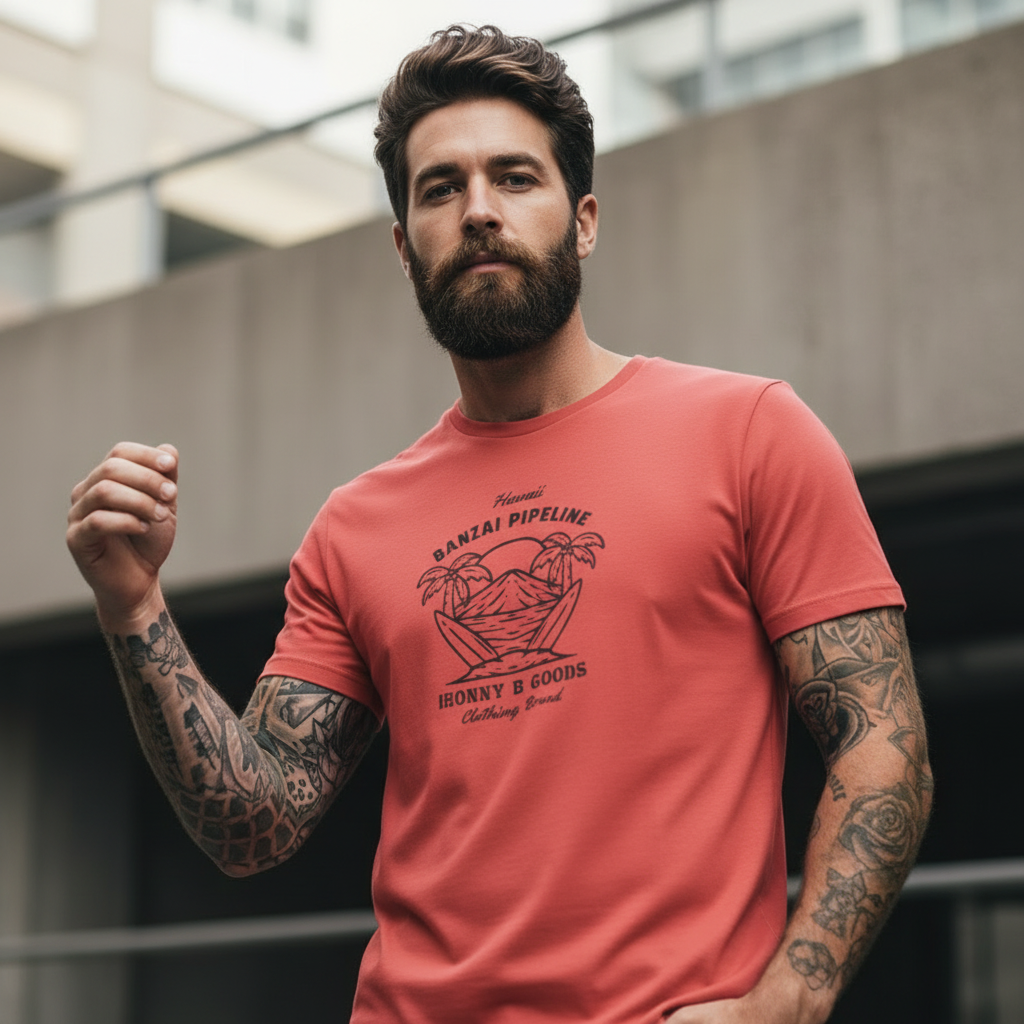 Man wearing a red t-shirt with a graphic design, standing outdoors.