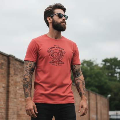 Man wearing a red t-shirt with a graphic design outdoors