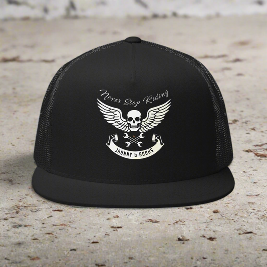 Product mockup black hat with skull wings and a never stop riding text