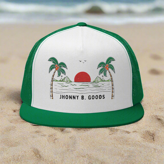 green printed hat green mesh beach with sunset surf style