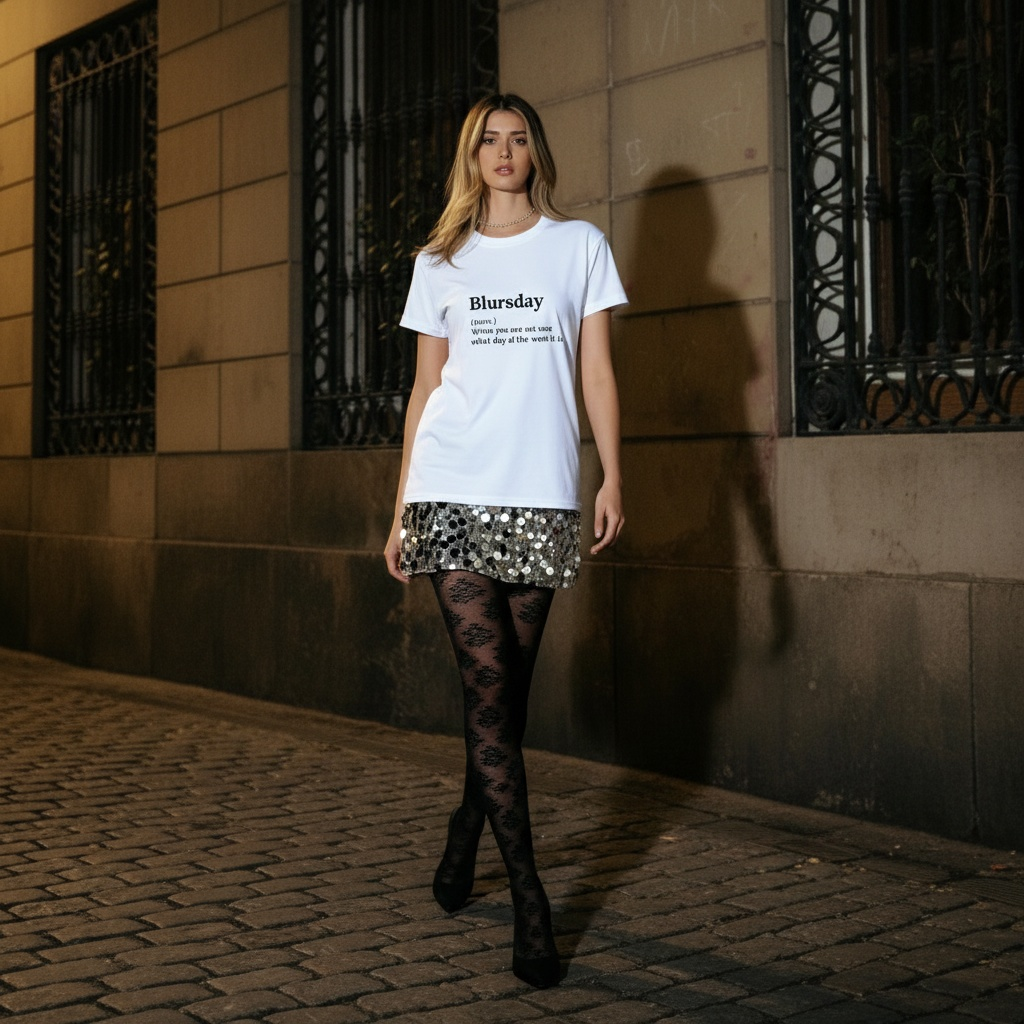 Woman wearing a white t-shirt with text, patterned skirt, and black stockings walking on a street.
