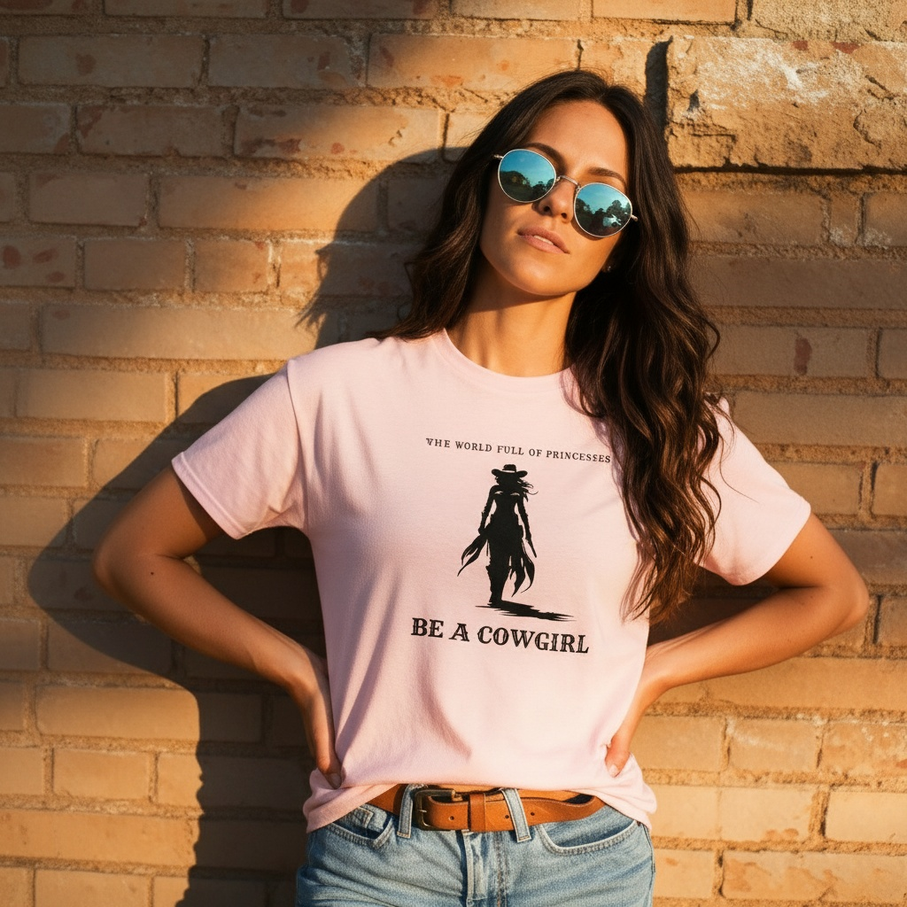 Woman wearing a pink t-shirt with a cowgirl graphic and text against a brick wall.