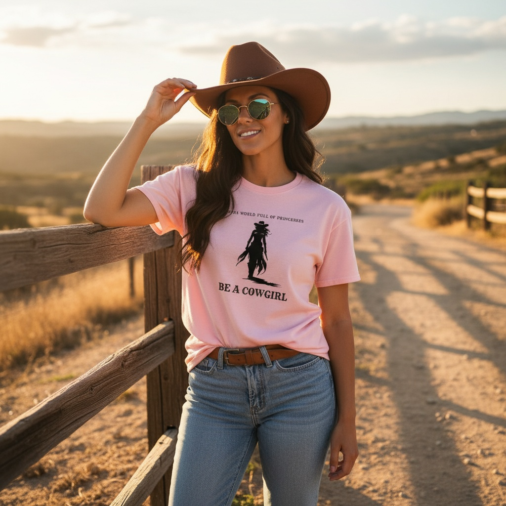 Woman wearing a pink t-shirt with a cowboy graphic and text, standing in a scenic outdoor setting.