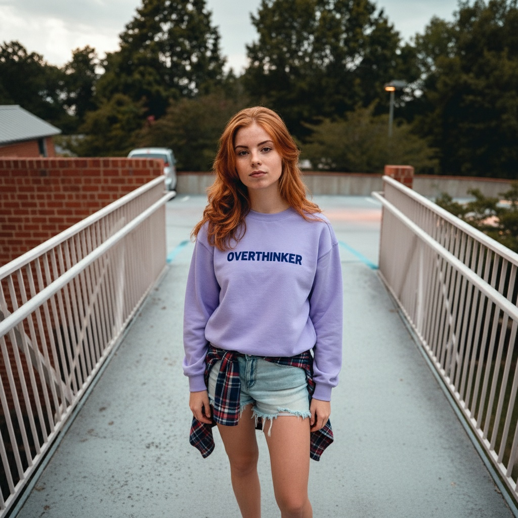 Person wearing a purple sweatshirt with 'OVER THINKER' text on a bridge.