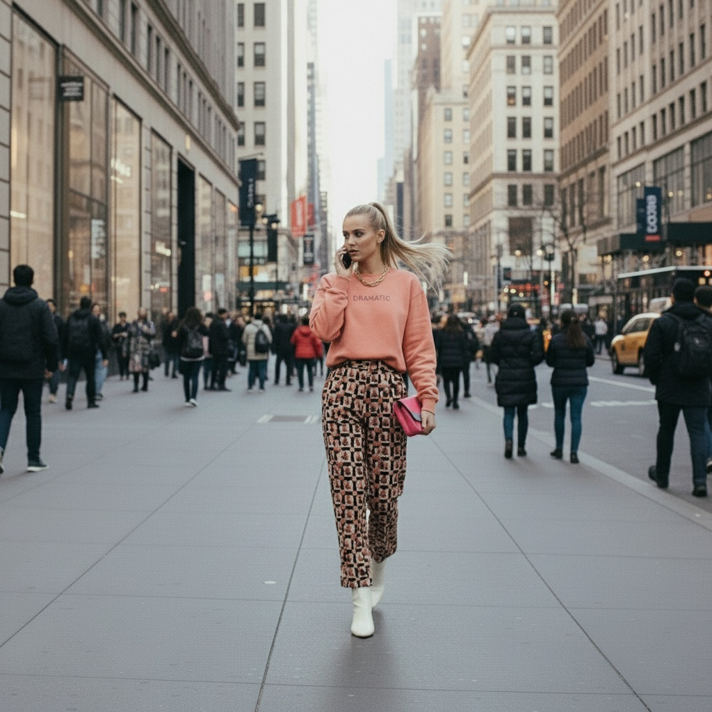Woman walking on a city street wearing a pink sweater and patterned pants.