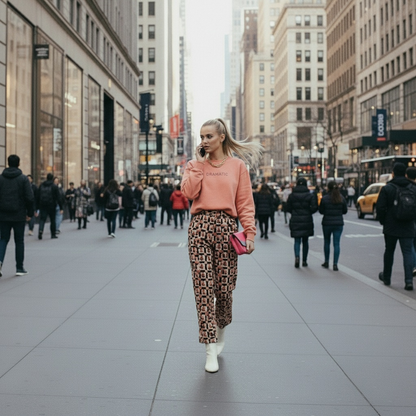 Woman walking on a city street wearing a pink sweater and patterned pants.