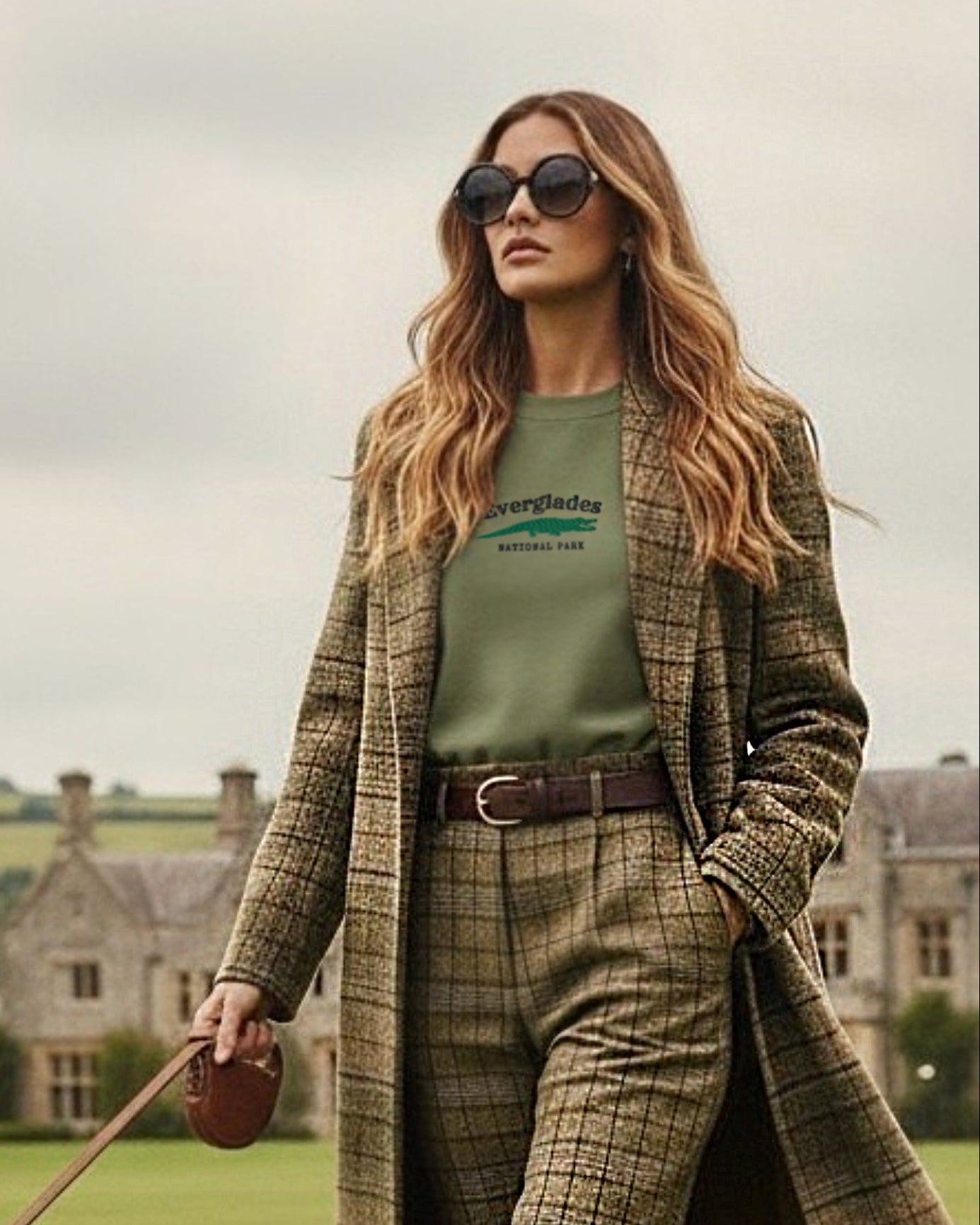 Woman in plaid coat and pants walking a dog in a field with a building in the background