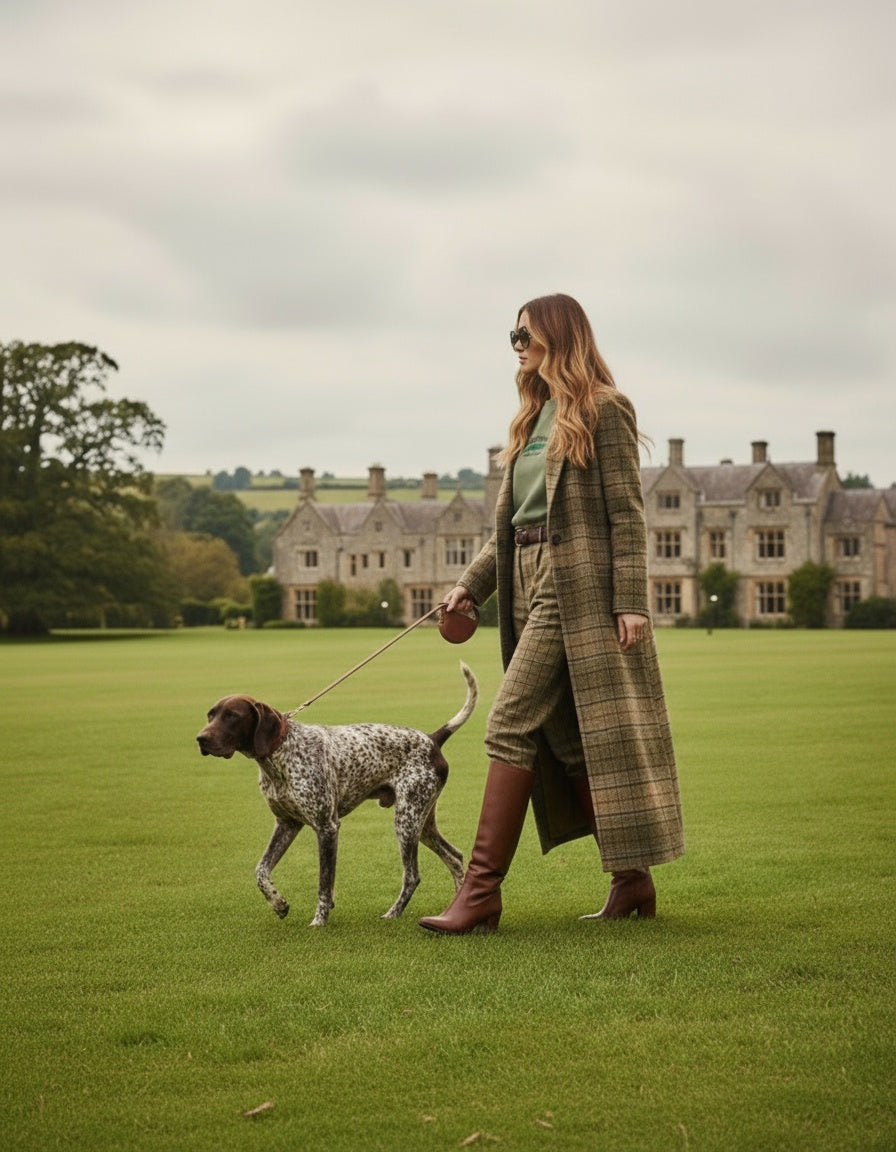 Woman walking a dog on a grassy field with a large building in the background