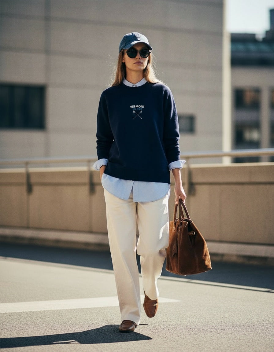 Person wearing a navy sweater, light shirt, beige pants, and brown shoes, holding a brown bag on a city street.