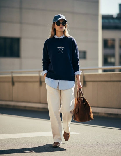 Person wearing a navy sweater, light shirt, beige pants, and brown shoes, holding a brown bag on a city street.