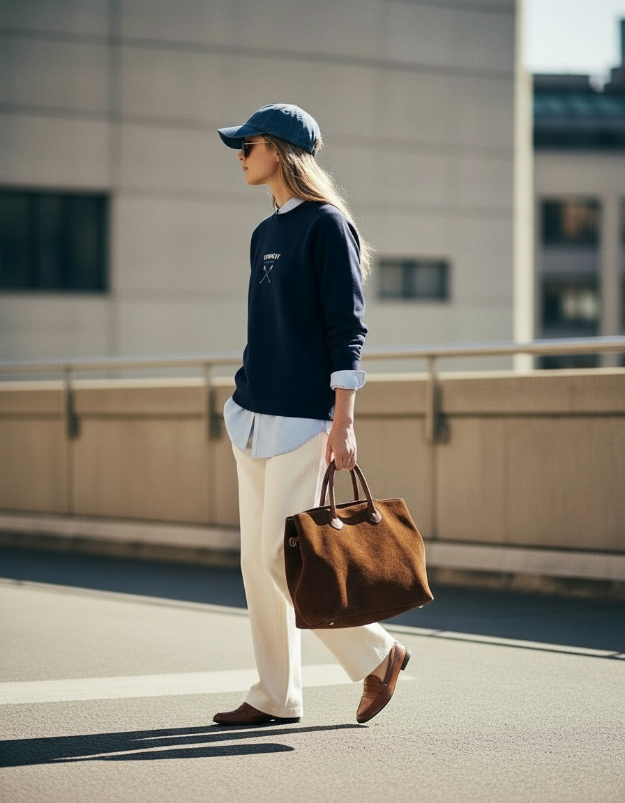 Woman walking outdoors wearing a navy sweater, white pants, and brown shoes, carrying a brown bag.