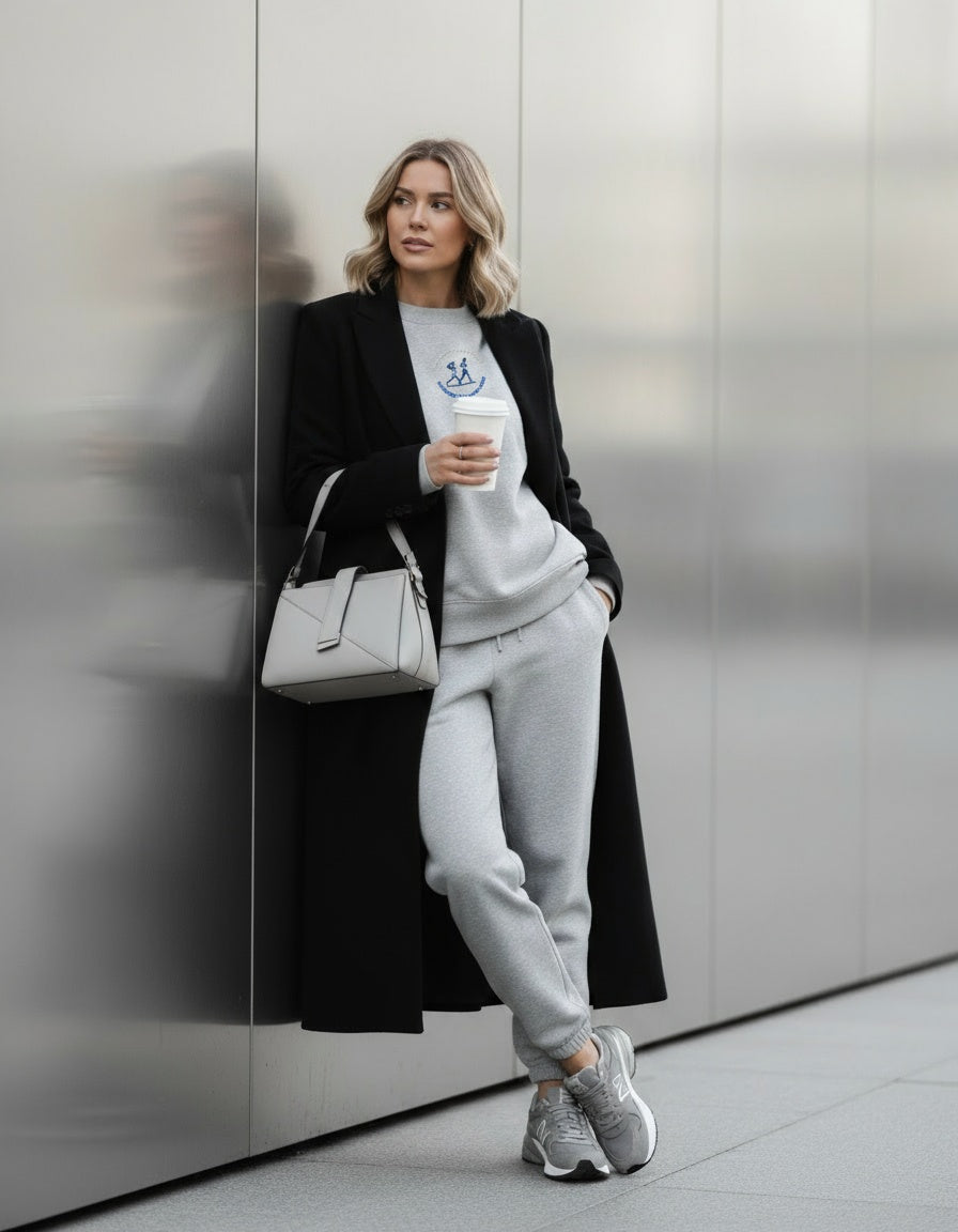 Woman in a stylish outfit with a black coat, gray sweatshirt, and pants, holding a white coffee cup.