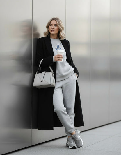 Woman in a stylish outfit with a black coat, gray sweatshirt, and pants, holding a white coffee cup.
