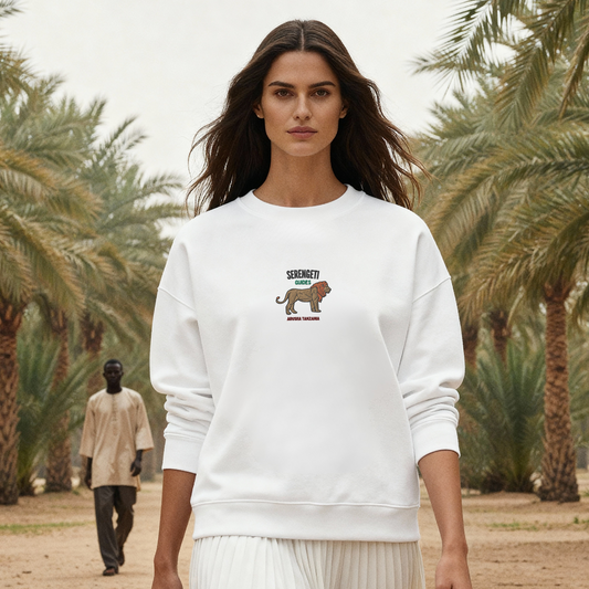 Serengeti embroidered premium sweatshirt with lion design – soft fleece crewneck, relaxed fit, wildlife-inspired streetwear