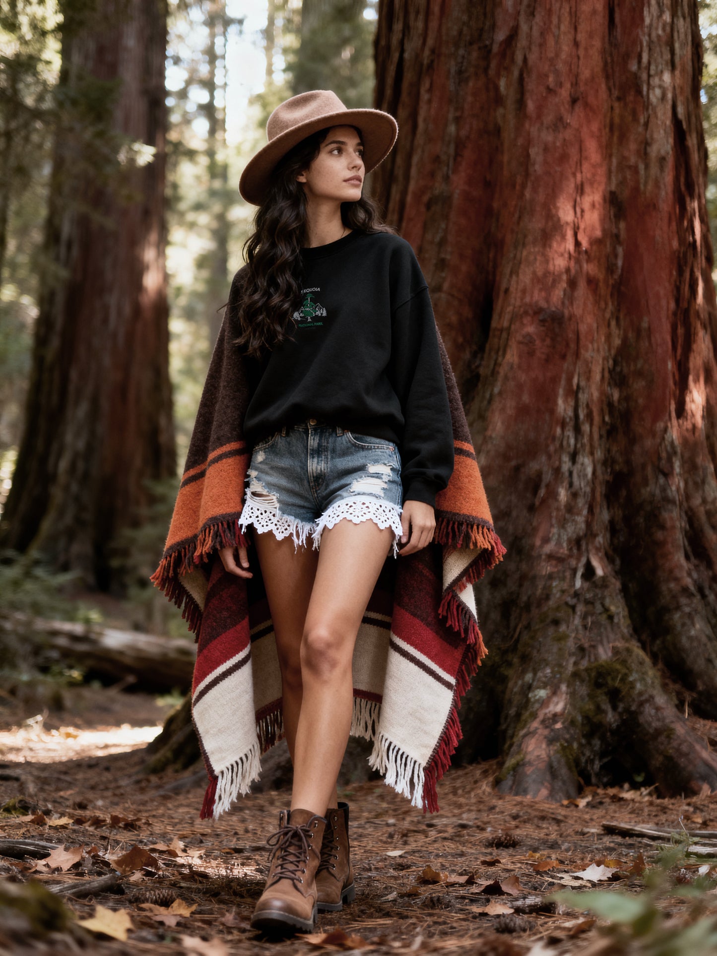 Woman in a forest setting wearing a black sweatshirt, denim shorts, and a brown hat.