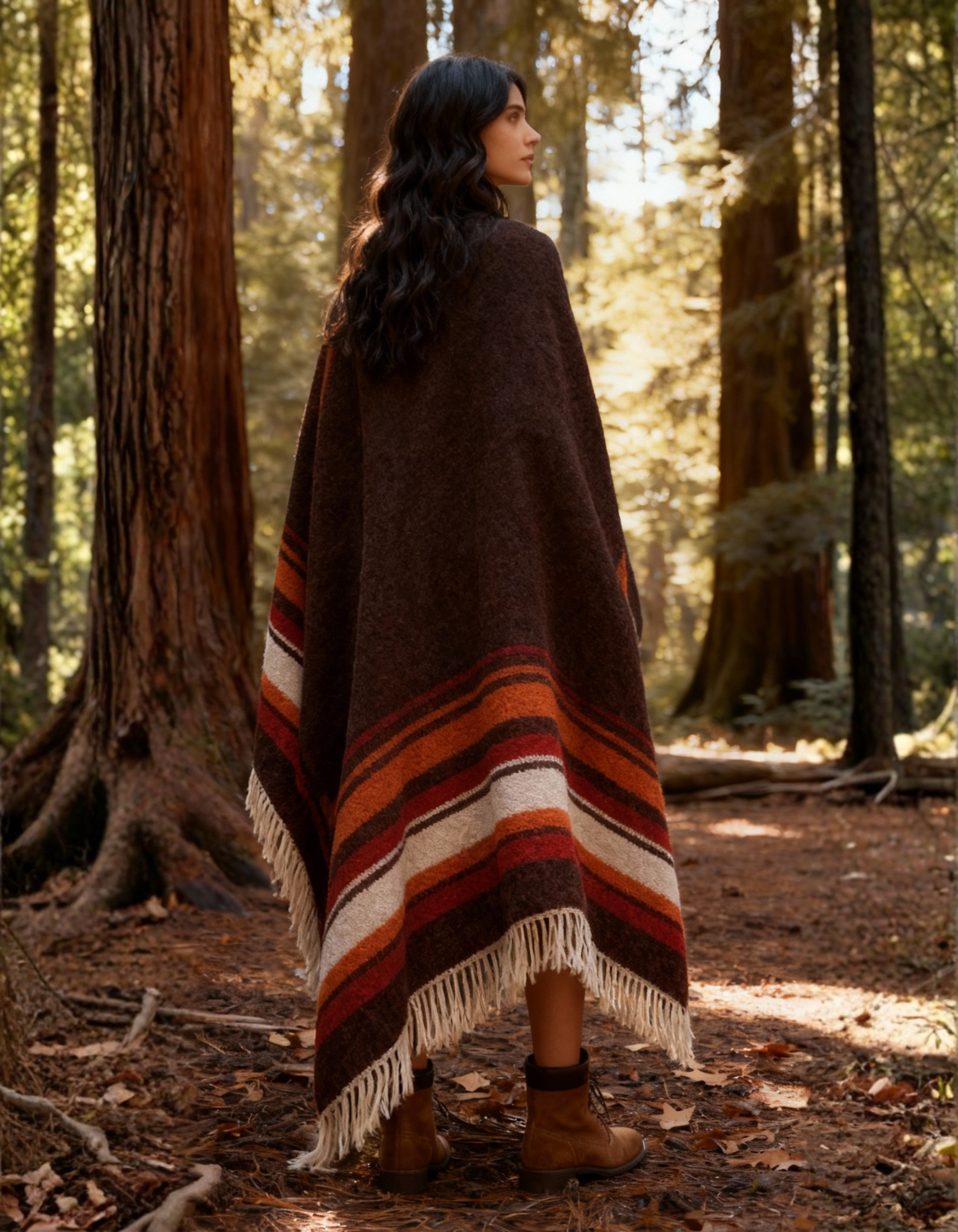 Woman standing in a forest wearing a brown and orange striped poncho.