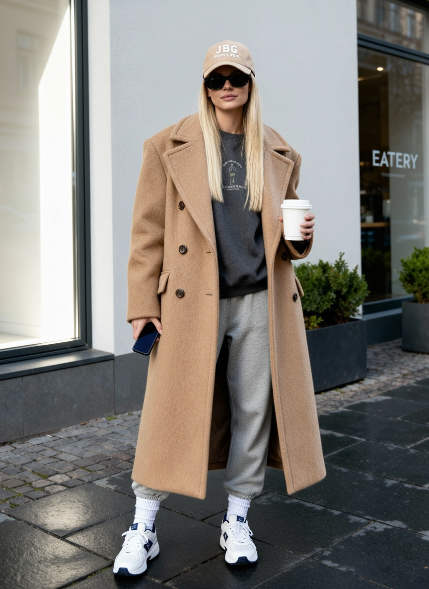 Person wearing a long beige coat and beige cap, holding a coffee cup, on a city street.
