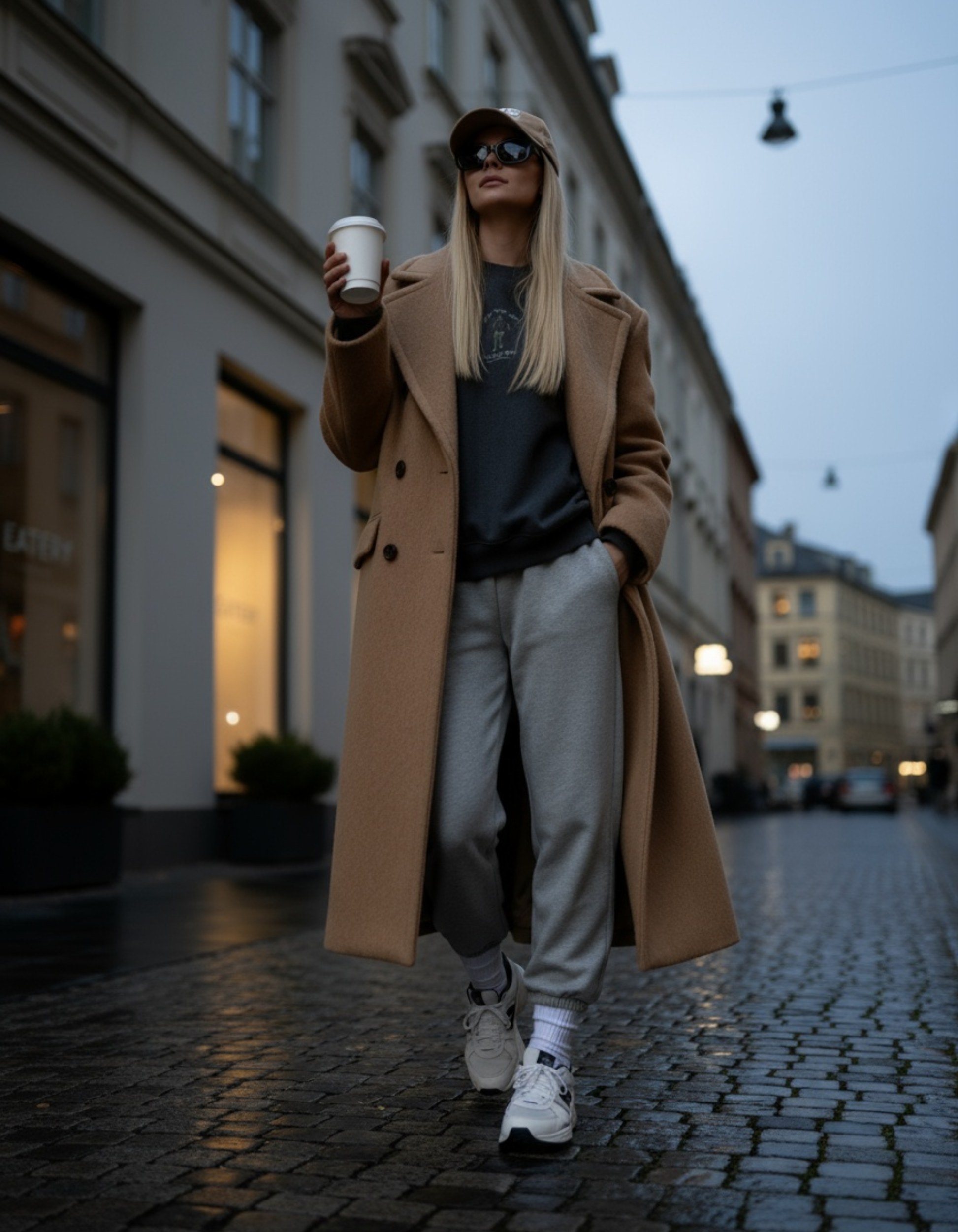 Person walking on a city street wearing a long coat, holding a coffee cup.