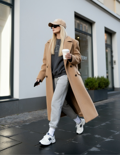 Woman in a beige coat and gray sweatpants walking on a city street, holding a coffee cup.