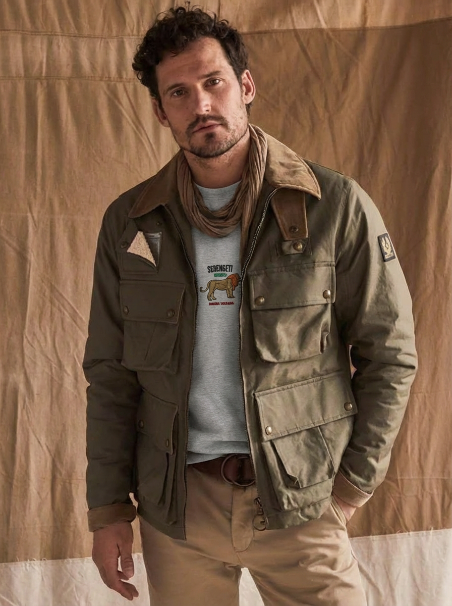 Man wearing a green jacket with patches and a graphic t-shirt against a brown backdrop