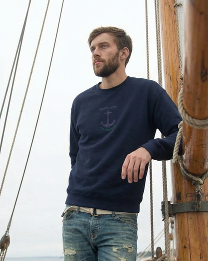 Man standing on a ship with wooden rigging and ropes