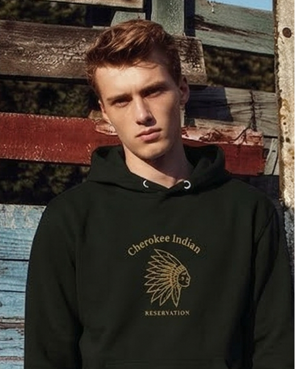 Collage of a man wearing a green hoodie with a logo in various outdoor settings.