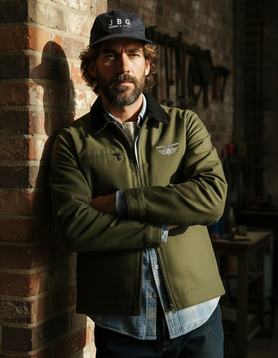 Man wearing a green jacket and cap with 'JBG' logo against a brick wall.