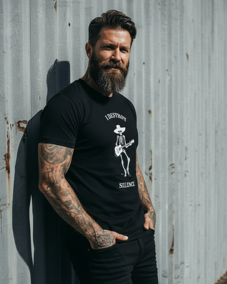 Man wearing a black t-shirt with a graphic design, standing against a textured wall.