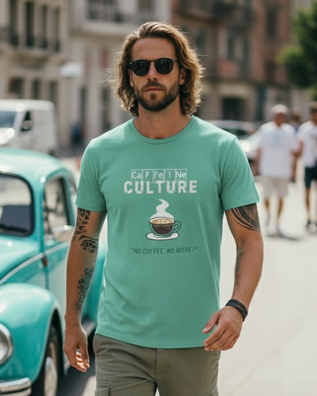 Man wearing a teal t-shirt with 'Coffee Culture' design walking on a street.