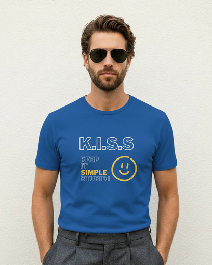 Man wearing a blue t-shirt with 'K.I.S.S. Keep It Simple Stupid' text and smiley face on a plain background