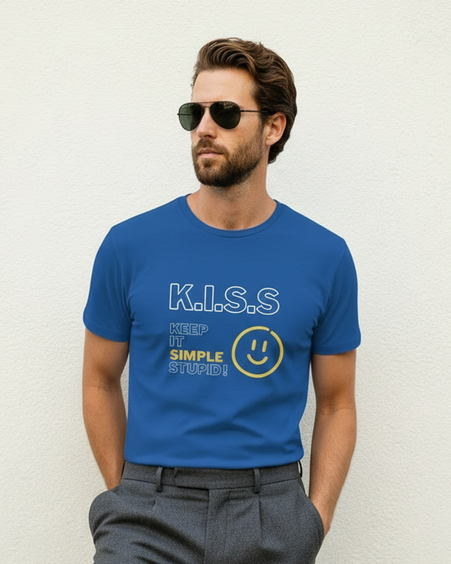 Man wearing a blue t-shirt with text and smiley face graphic against a plain background