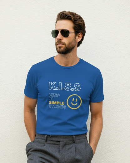 Man wearing a blue t-shirt with text and smiley face graphic against a plain background