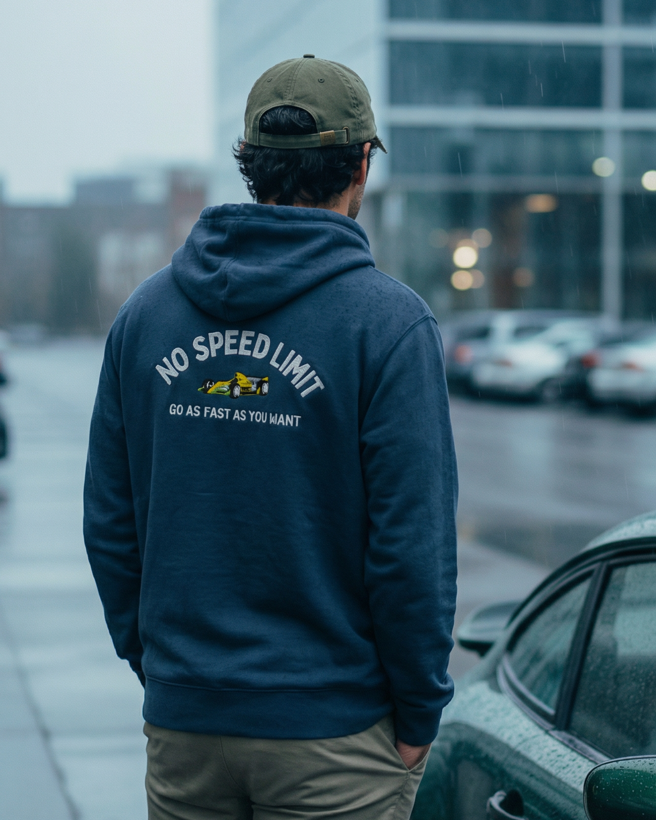 Person wearing a hoodie with 'No Speed Limit' text standing next to a car in an urban setting.